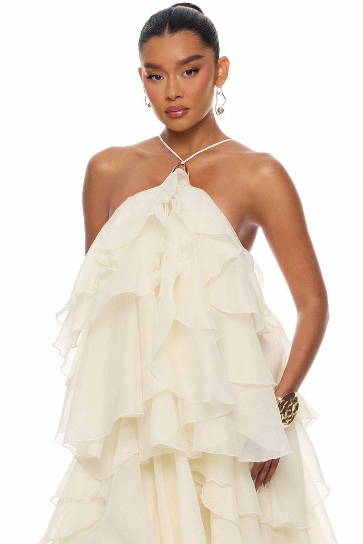 Lylah Ruffle Chiffon Maxi Dress - Cream