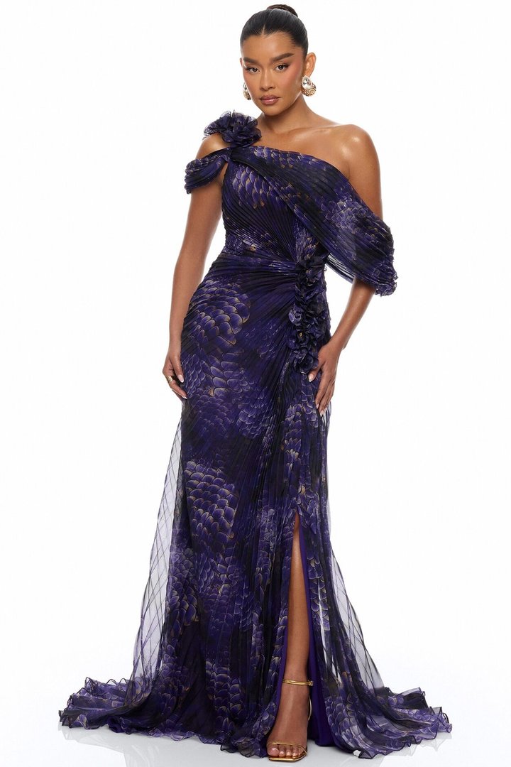 Odette Pleated Chiffon Gown - Purple/combo