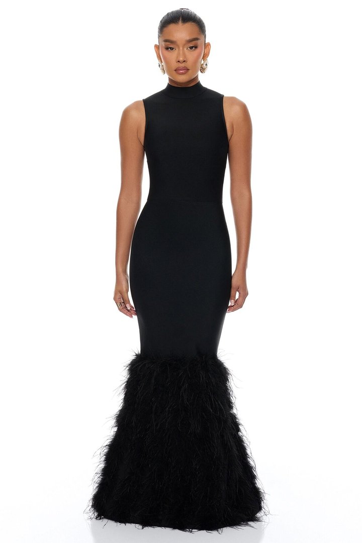 Scarlett Feather Bandage Maxi Dress - Black