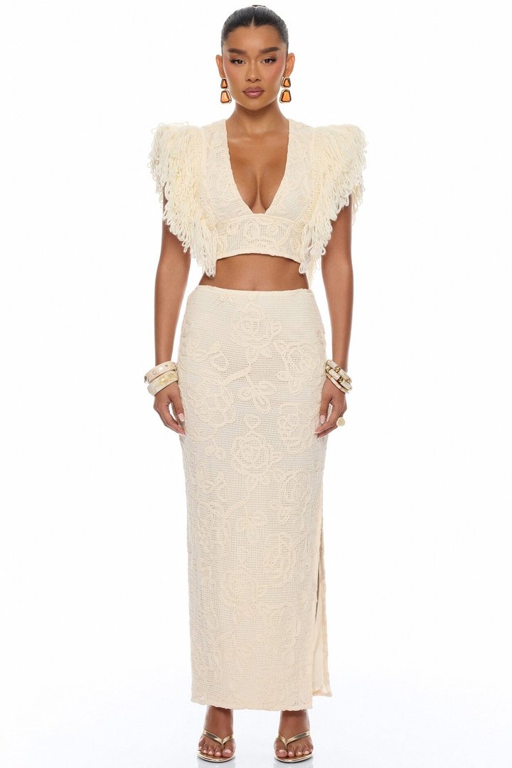 Coastal Vibe Fringe Crochet Skirt Set - Sand