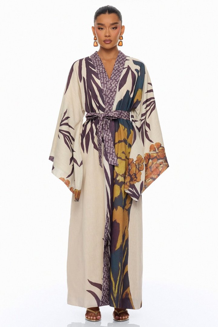 Samira Tie Waist Linen Maxi Dress - Taupe/combo