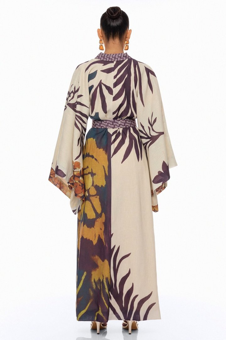 Samira Tie Waist Linen Maxi Dress - Taupe/combo