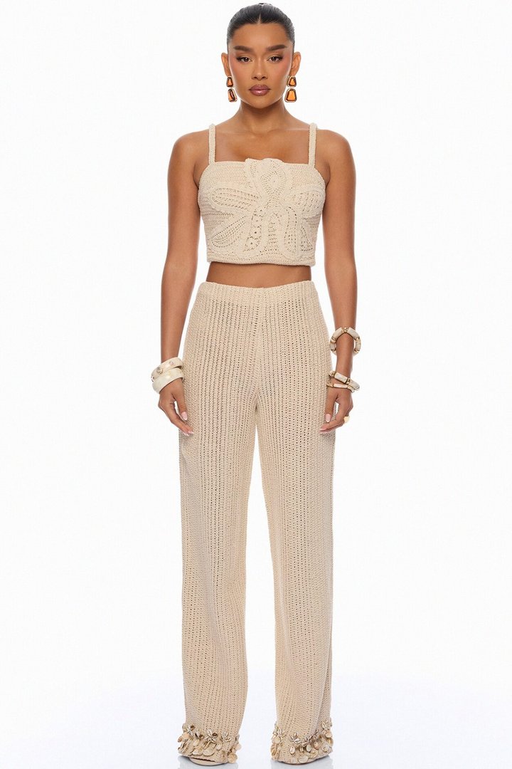 Coastal Vibe Shell Crochet Pant Set - Sand