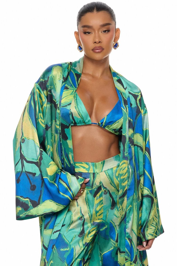 Pure Luxury 3 Piece Satin Kimono Set - Green/combo