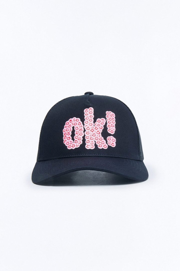 Smiling Ok Patch Snapback Trucker Hat - Black