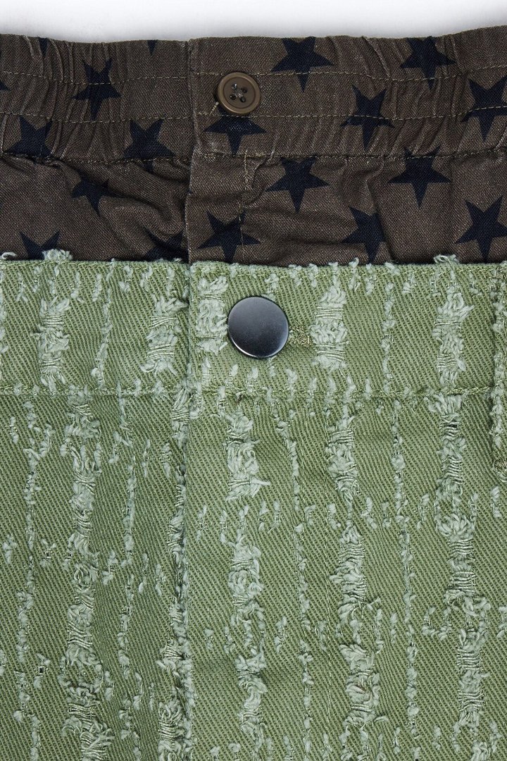Baggy Double Waisted Stars And Distressed Short - Olive