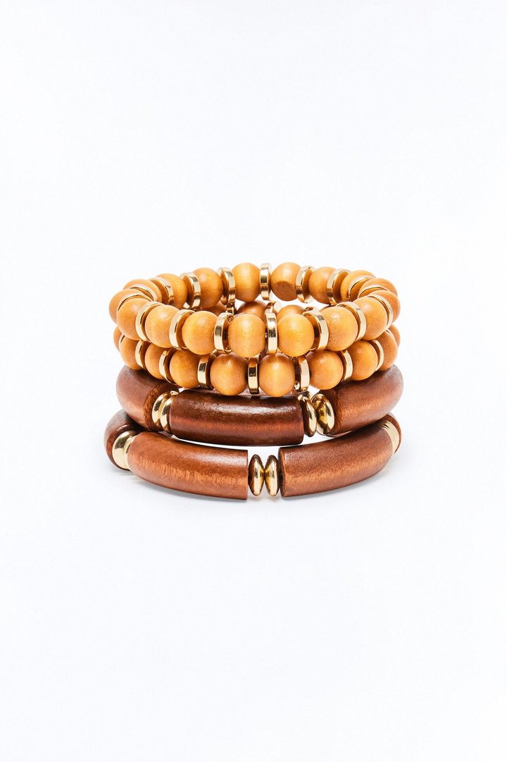 Penelope Wood Stretch 4 Piece Bracelet Set - Brown/combo