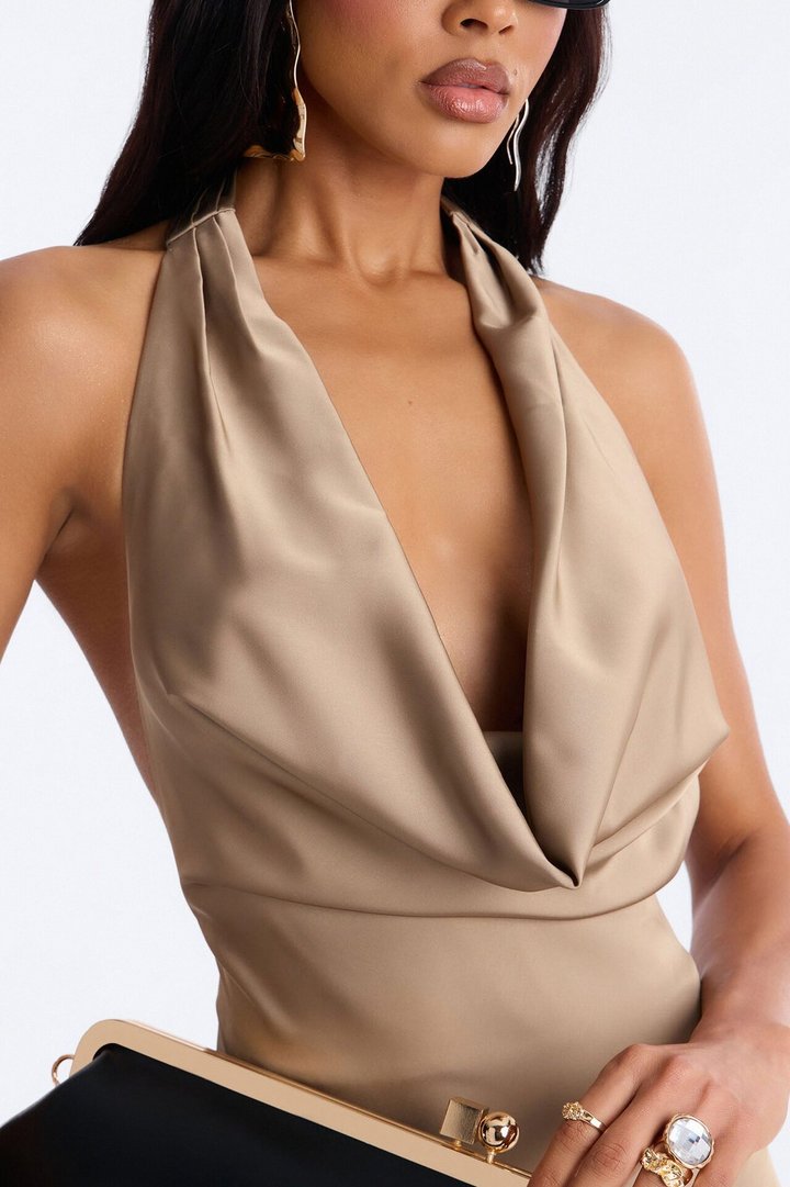 Riley Asymmetrical Satin Maxi Dress - Stone