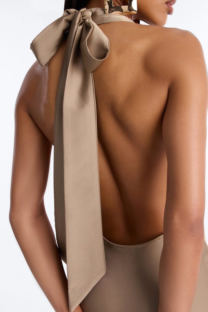 Riley Asymmetrical Satin Maxi Dress - Stone