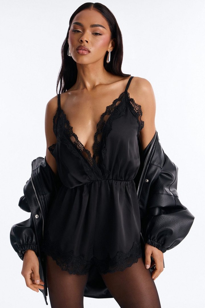 Rina Satin Lace Trim Micro Romper - Black