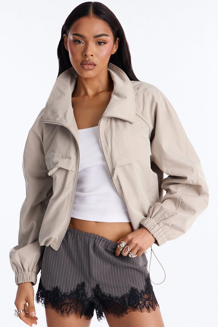 Cool Girl Funnel Neck Windbreaker Jacket - Taupe