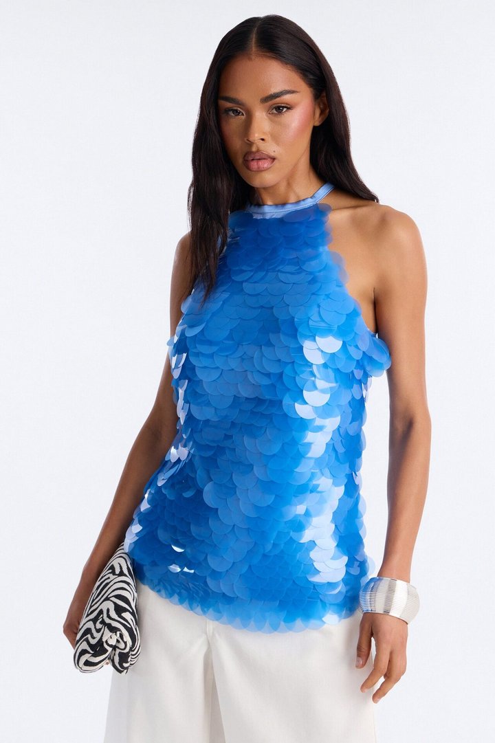 Tropical Glow Sequin Halter Top - Blue