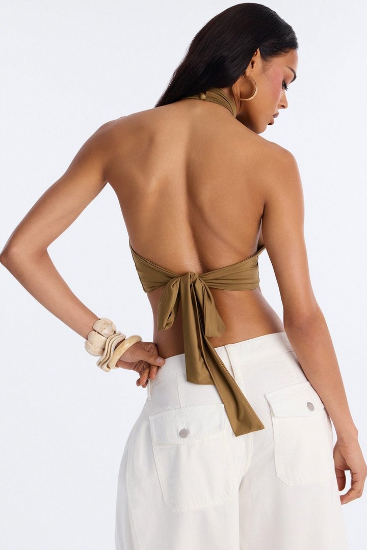 Bora Bora Stone Mock Neck Halter Top - Olive