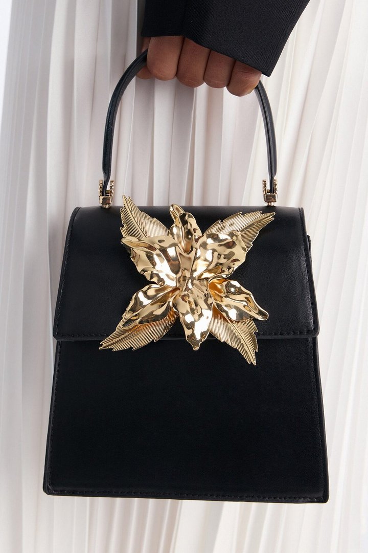 Floral Dreams Faux Leather Satchel Handbag - Black/Gold
