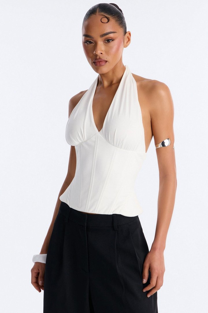 Effortless Grace Peplum Corset Halter Top - White