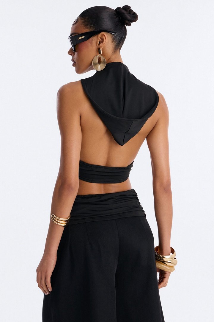 Golden Summer Hardware Hooded Draped Top - Black
