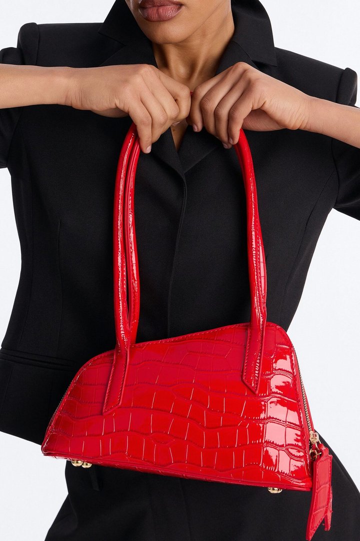 Lucky Catch Embossed Croc Shoulder Handbag - Red