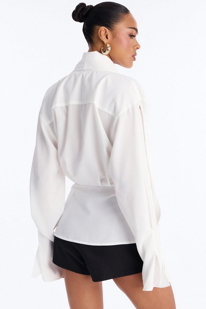 Just Like That Ruched V Neck Chiffon Blouse - White