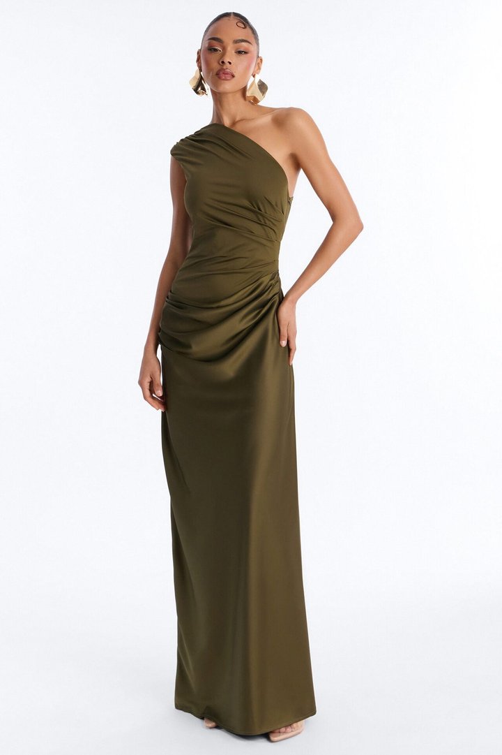 City Nights One Shoulder Satin Maxi Dress - Olive