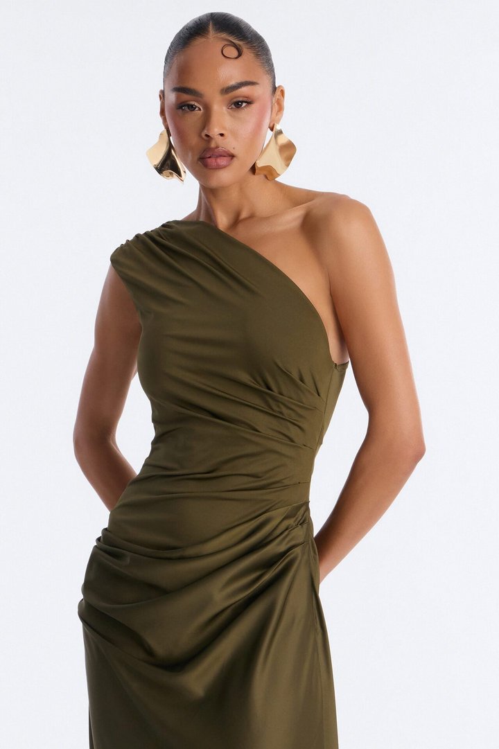 City Nights One Shoulder Satin Maxi Dress - Olive