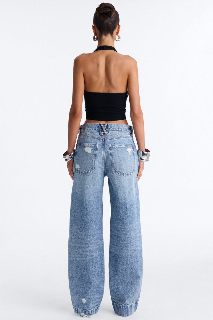 Move Up Premium Tinted Ripped Straight Leg Jeans - Medium Wash