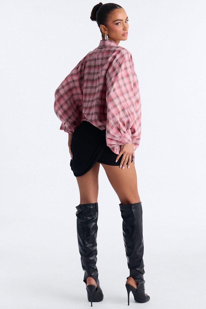 Kimora Tie Front Plaid Linen Shirt - Pink/combo