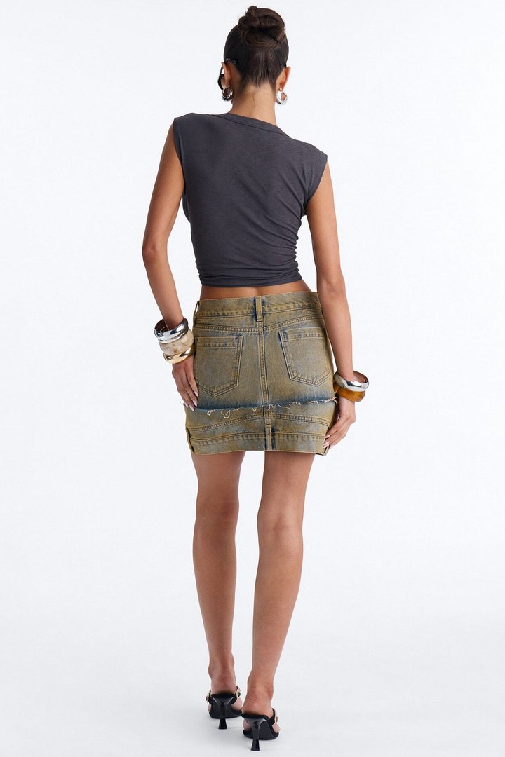 Never Satisfied Double Waistband Denim Mini Skirt - Vintage Wash