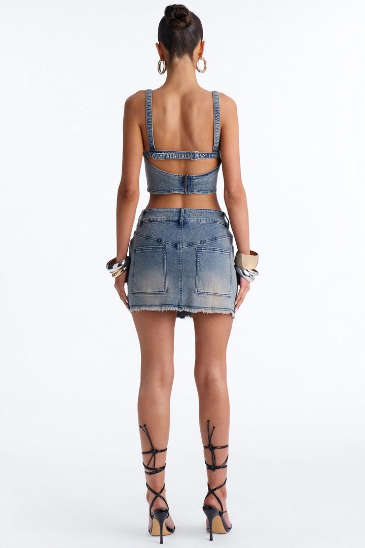 Jazmyn Washed Denim Skirt Set - Vintage Wash