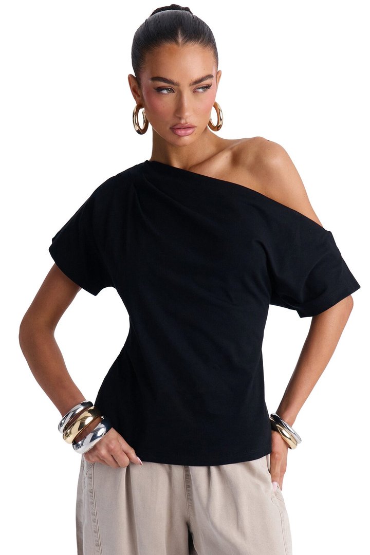 City Lounge Off Shoulder Short Sleeve T-Shirt - Black