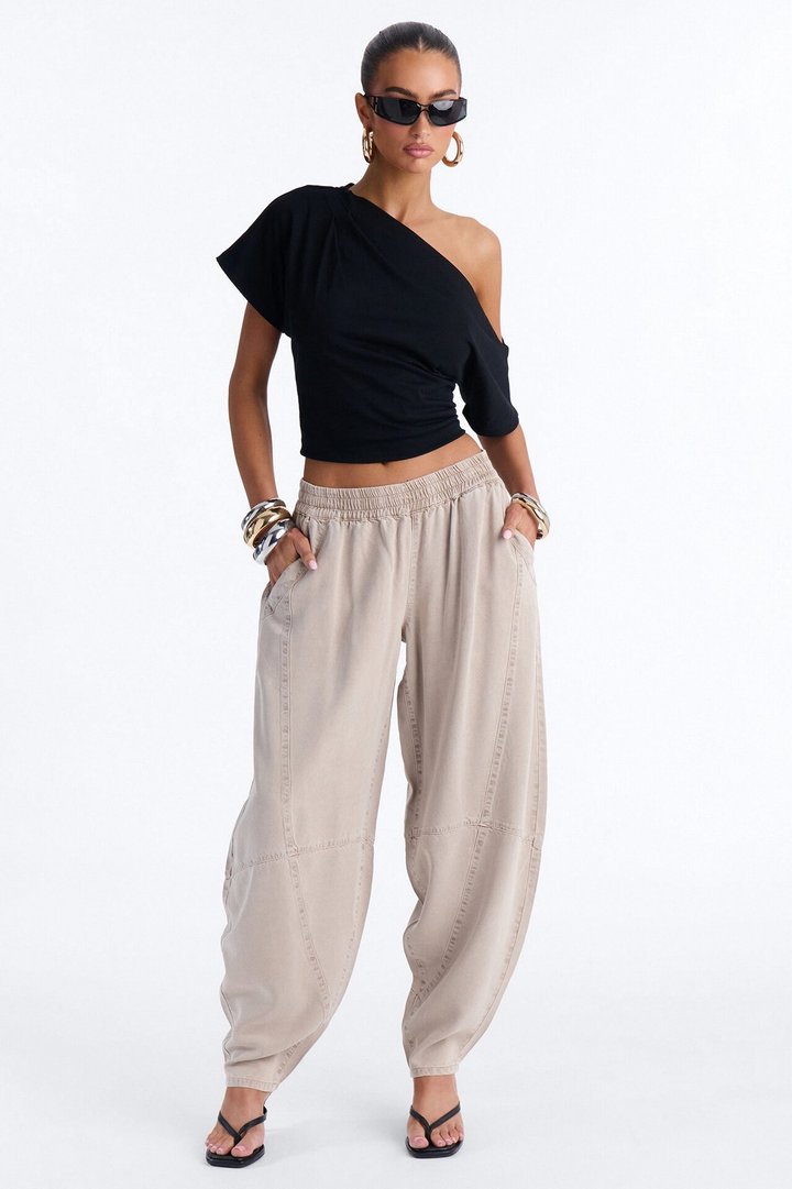 Jeannie Mid Rise Washed Barrel Pants - Stone