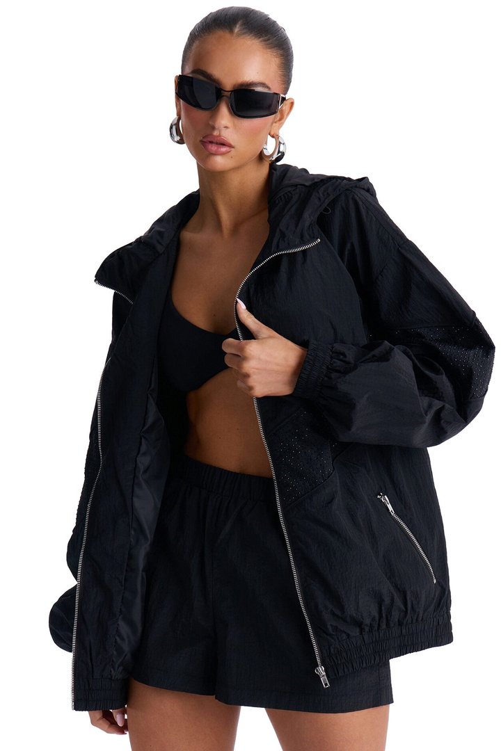 Riley Rhinestone Windbreaker Short Set - Black