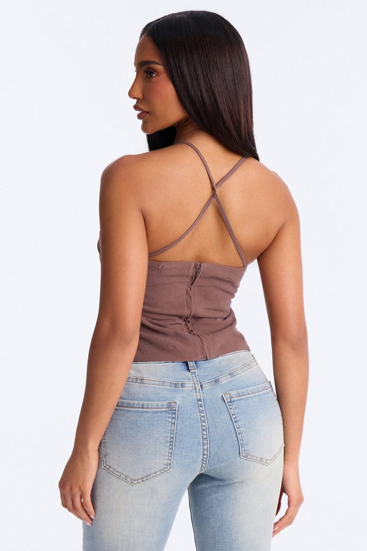 Flirty Fit Check Pleated Twill Cami Top - Chocolate