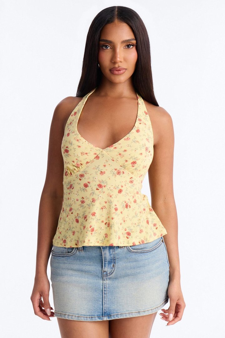 Rosie Double Lined Floral Halter Neck Top - Butter Yellow