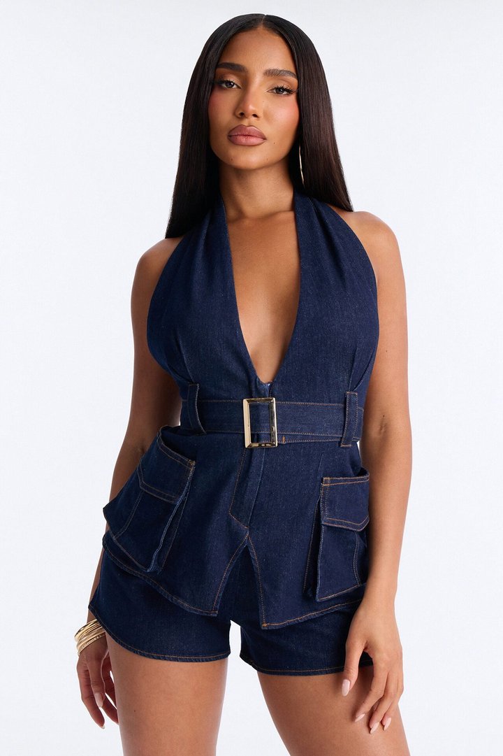 Cecille Plunge Neck Belted Denim Romper - Dark Wash