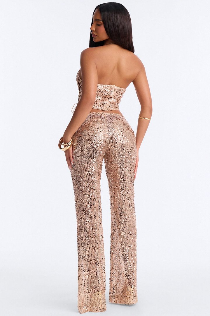 Paige Sequin Crochet Halter Pant Set - Gold