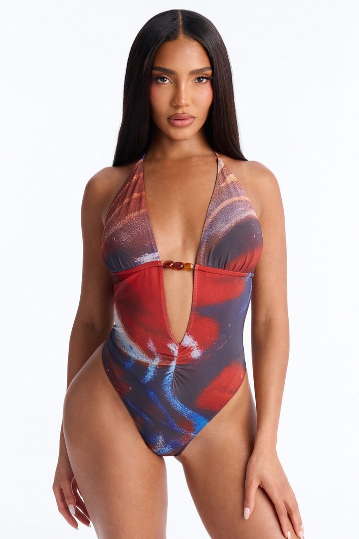 Olandria Mesh Beaded Halter Bodysuit - Navy/combo