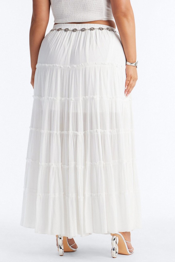 Free Spirit Low Rise Belted Tiered Maxi Skirt - White