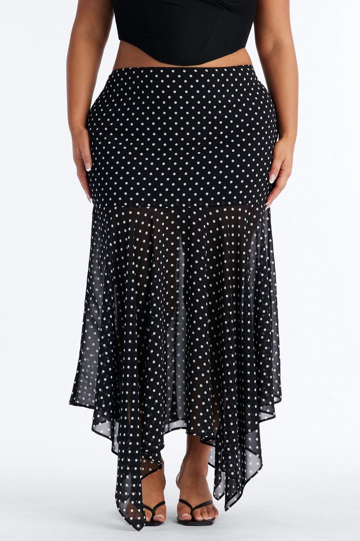 On The Dot Asymmetrical Chiffon Polka Dot Maxi Skirt - Black/White