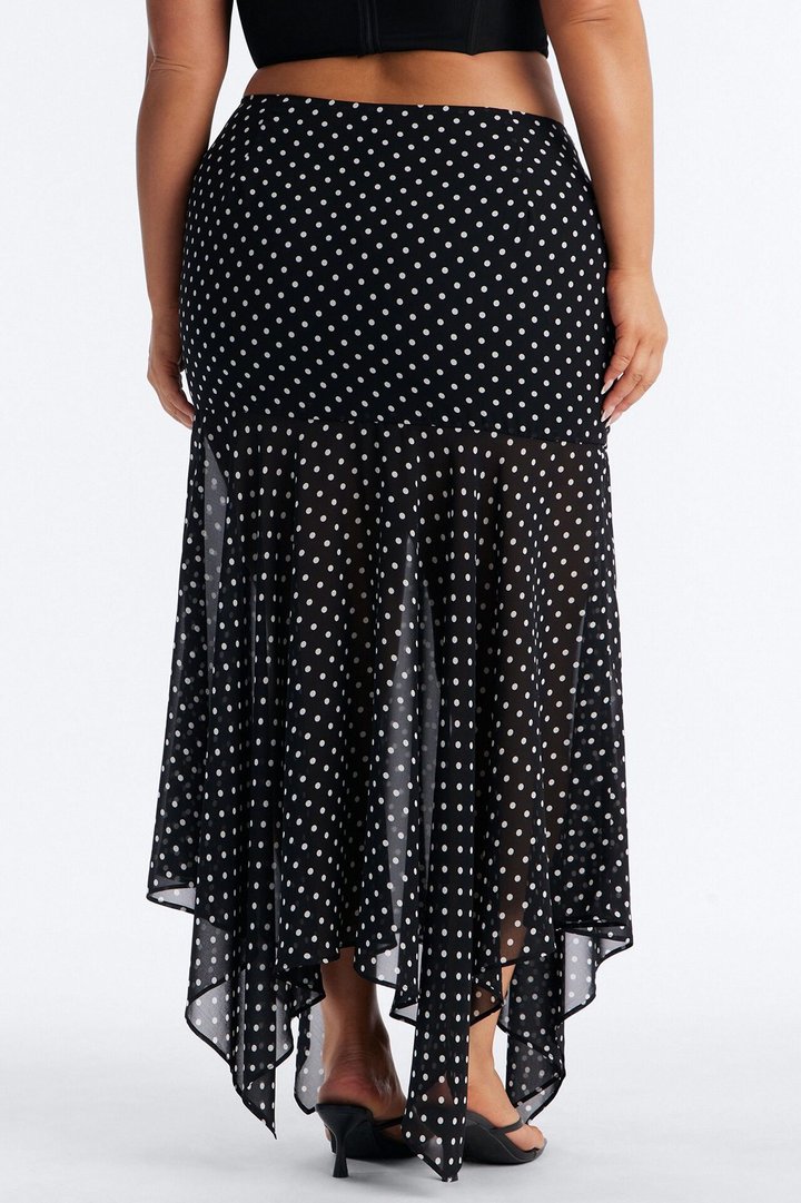 On The Dot Asymmetrical Chiffon Polka Dot Maxi Skirt - Black/White