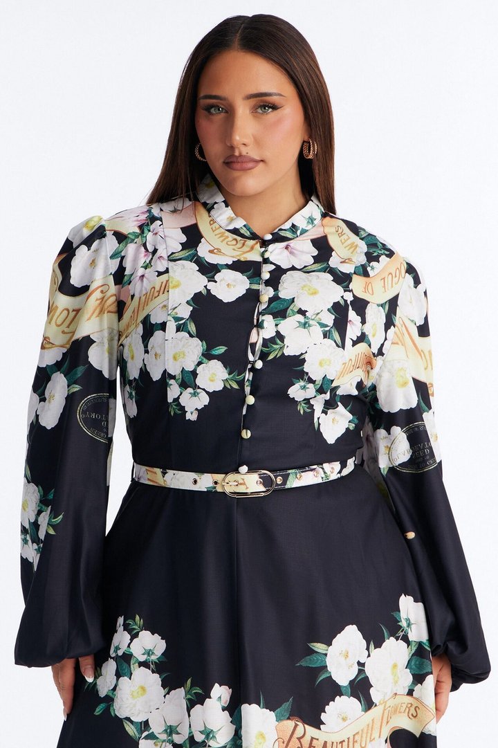 Liana Belted Floral Midi Dress - Black/combo