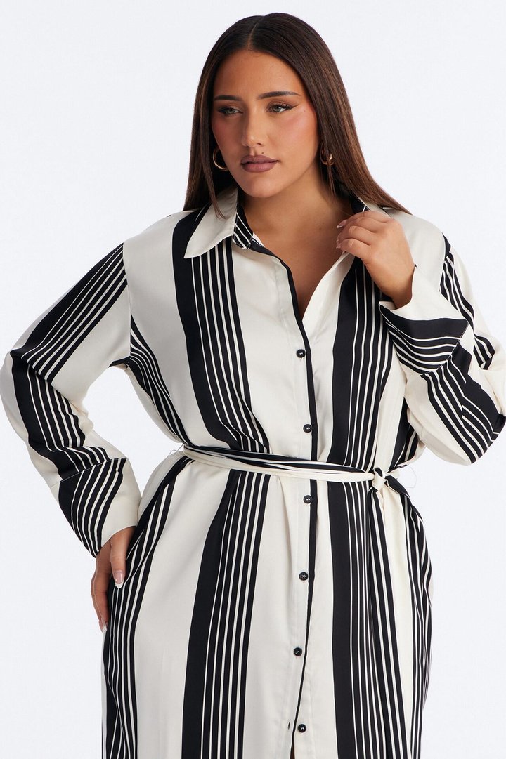 Harlow Striped Satin Shirt Midi Dress - White/Black