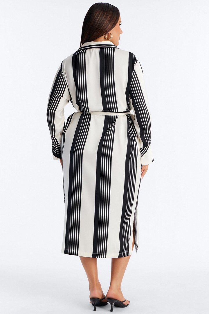 Harlow Striped Satin Shirt Midi Dress - White/Black