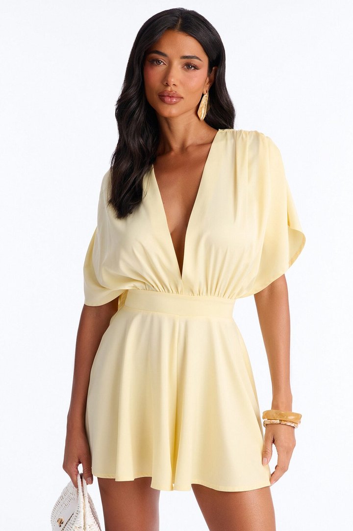 Mekenzy Satin Plunge Romper - Yellow