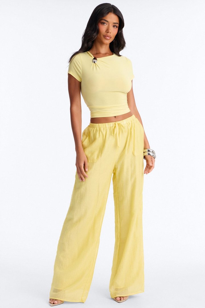Lexi Hardware Asymmetrical Neck Short Sleeve Top - Butter Yellow