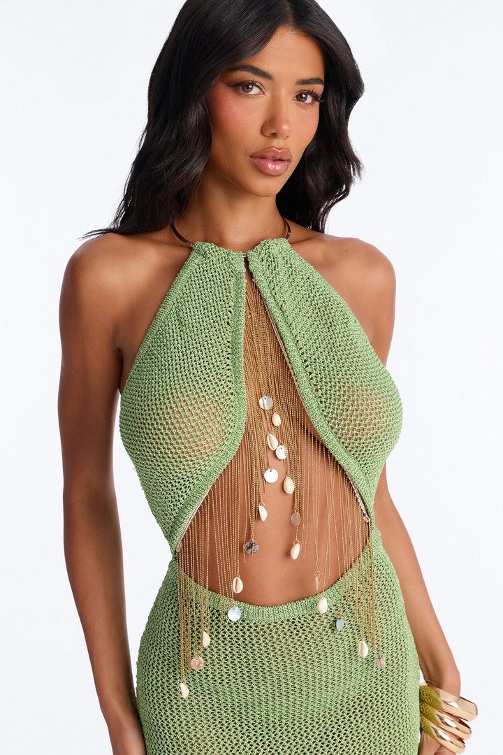 Island Heat Fringe Metallic Crochet Maxi Dress - Green