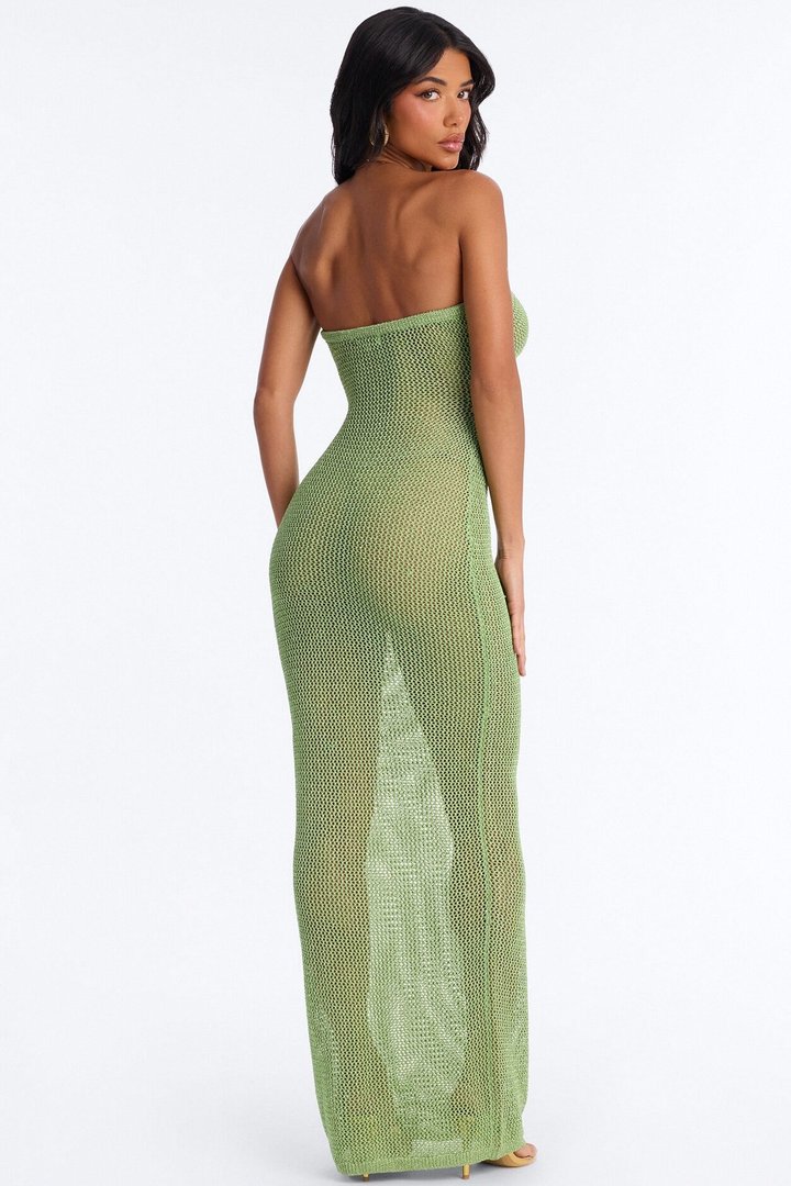Island Heat Fringe Metallic Crochet Maxi Dress - Green