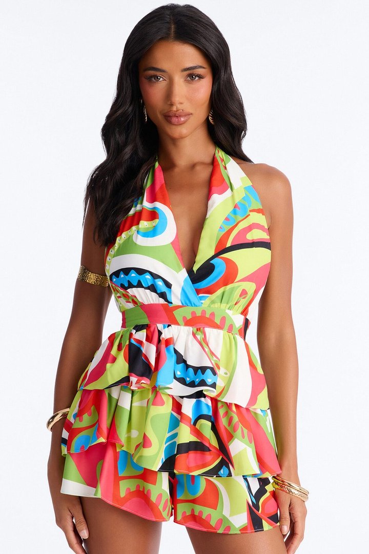 Rina Ruffle Backless Romper - Multi Color
