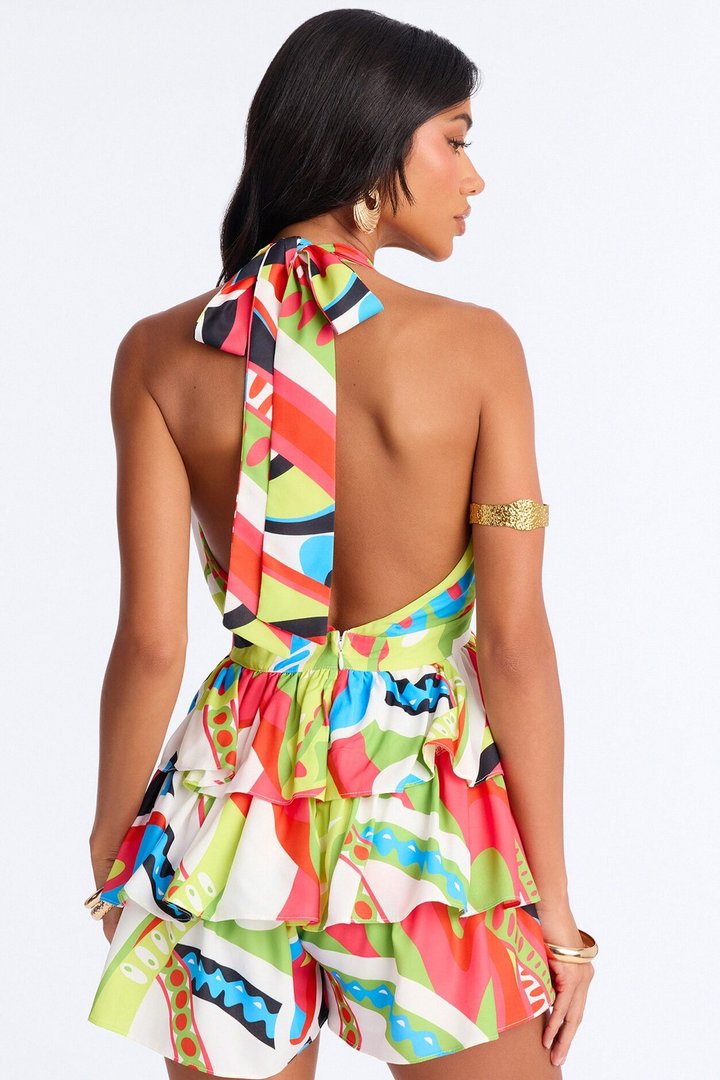 Rina Ruffle Backless Romper - Multi Color