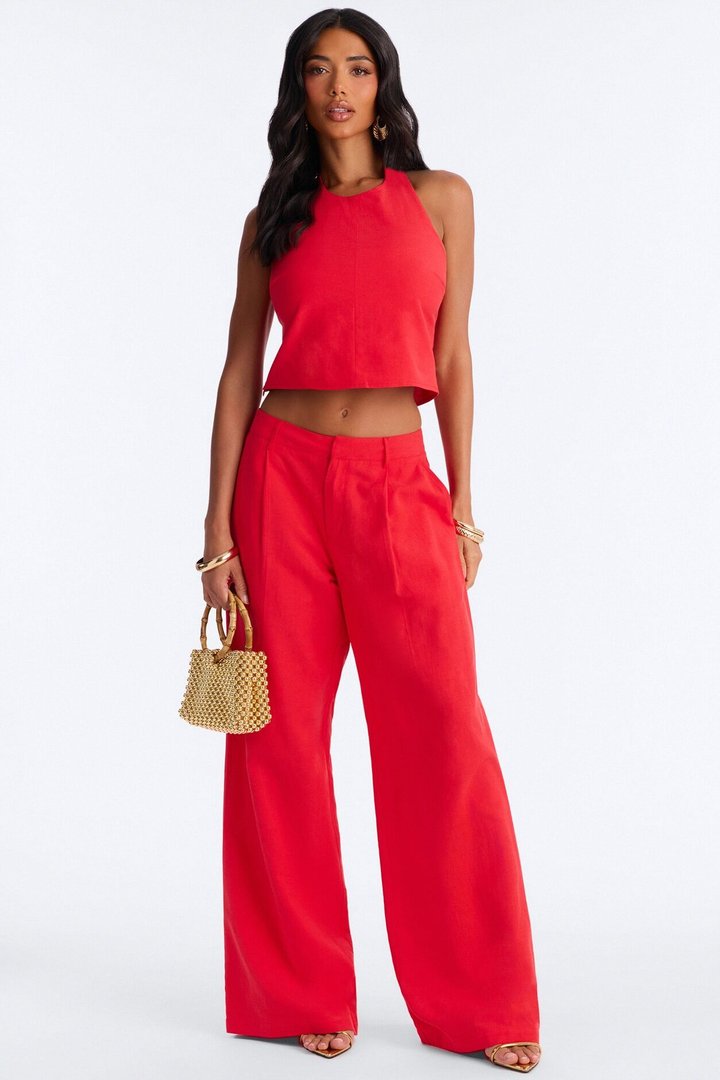 Ocean Breeze Linen Backless Halter Top - Tomato Red