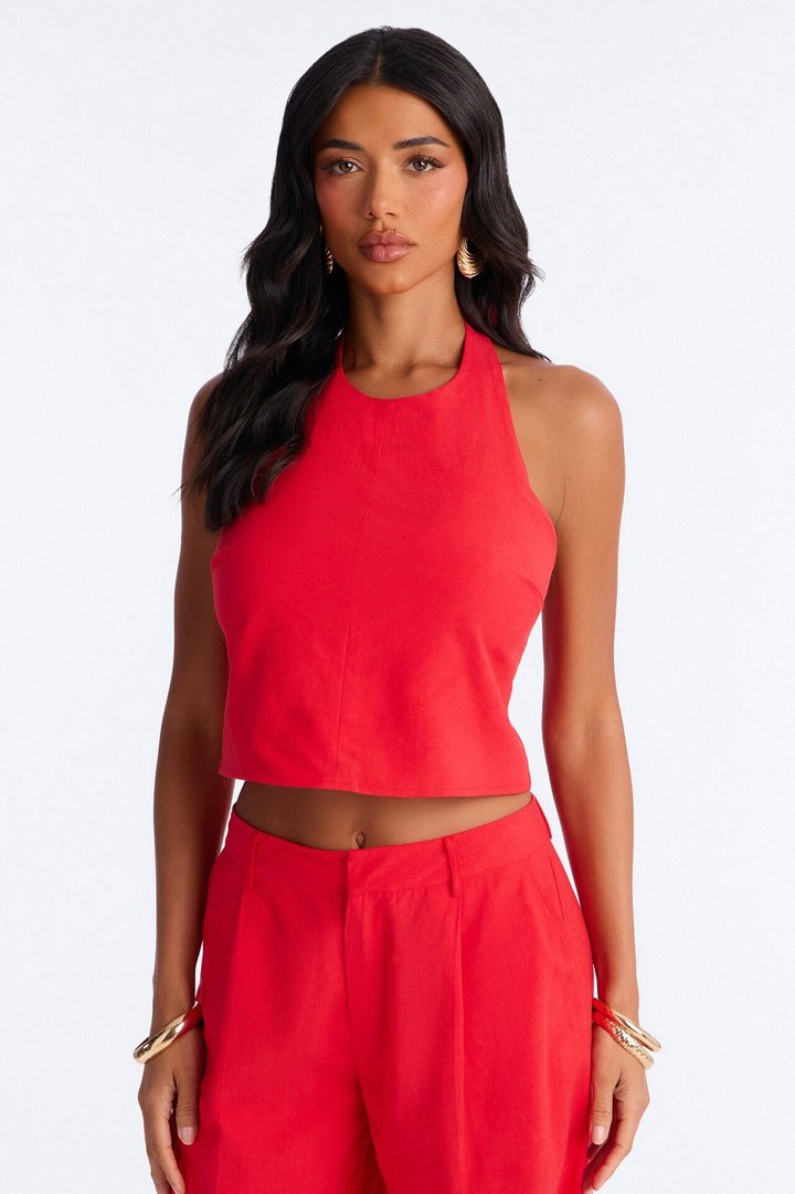 Ocean Breeze Linen Backless Halter Top - Tomato Red